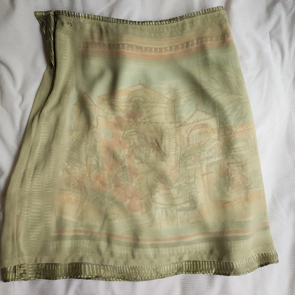 Sigrid Olsen 100% Silk Skirt Artsy Outdoor Cafe Print Sz 4 Nwot. SKIRT ONLY